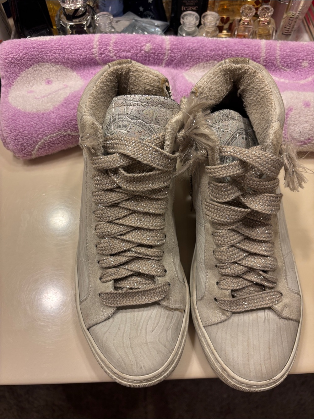 P448 Women's Casual High-Top Sneakers in Light Taupe with sparkly laces.